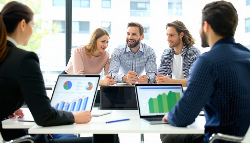 Financial consulting team collaborating with small business owners Financial consulting team collaborating with small business owners